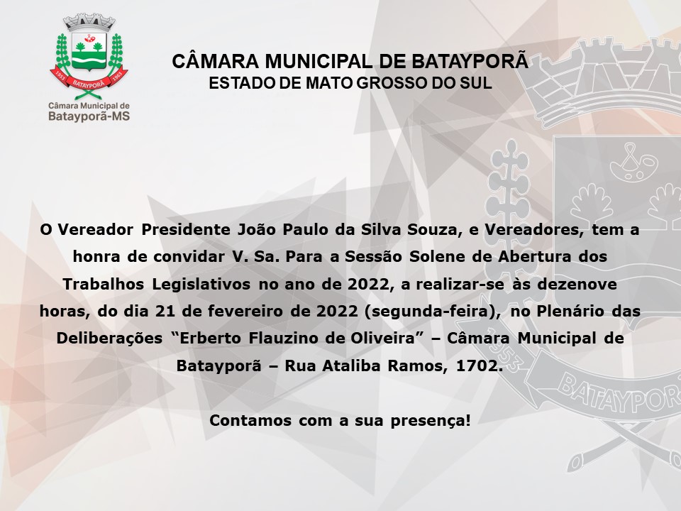 Câmara de vereadores realiza sessão solene de abertura dos trabalhos do legislativo para o ano de 2022.